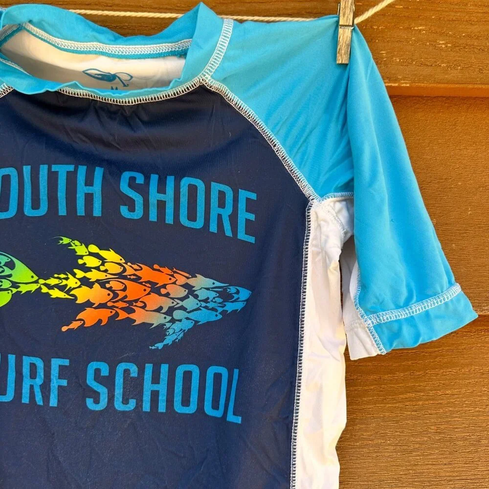 Op Boys Swim Shirt South Shore Surf School Design Blue & White Rash Guard Size M